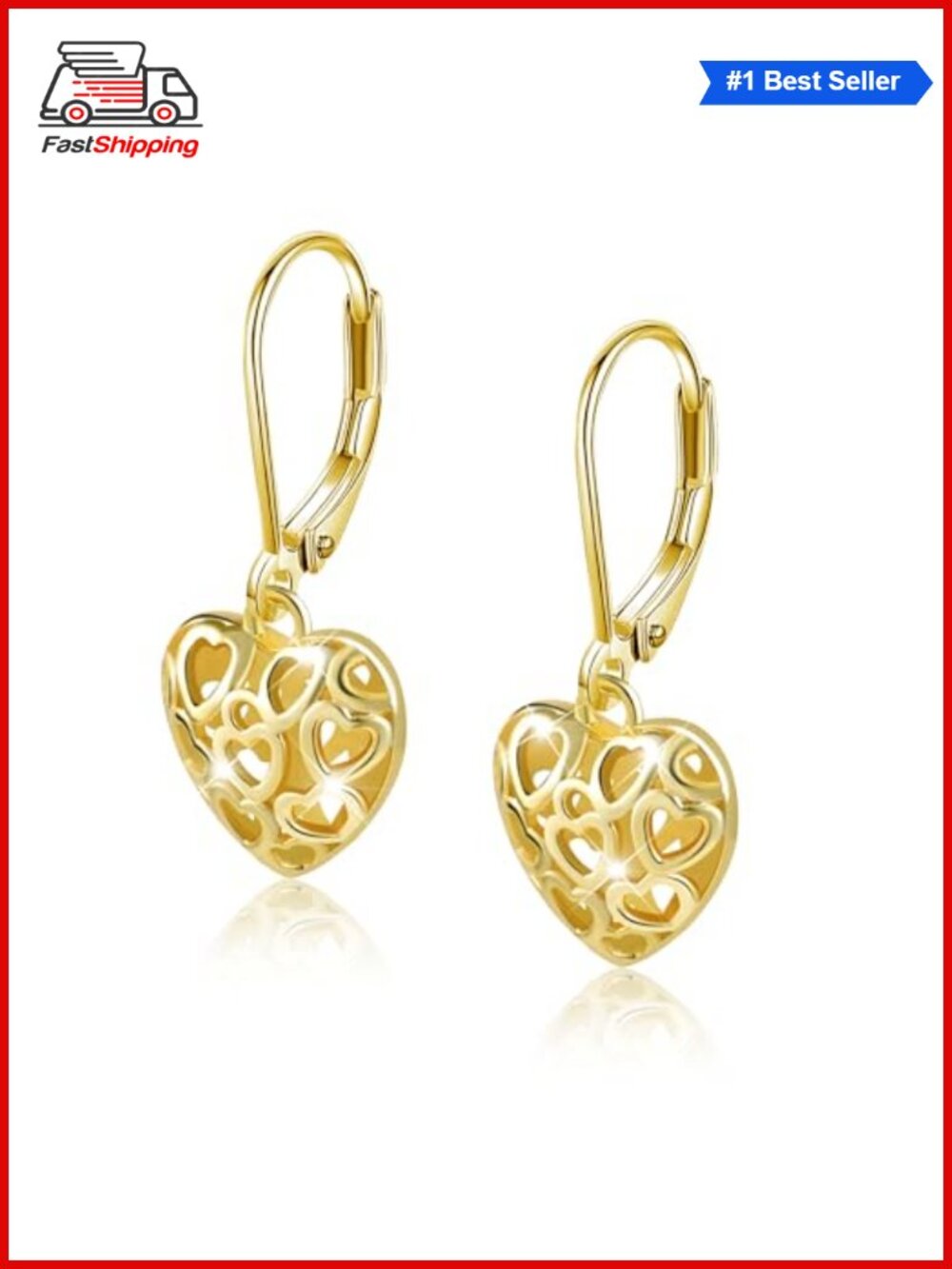 ✨ Filigree Heart Dangle Drop Earrings 14k Gold Plated Leverback Gift Box